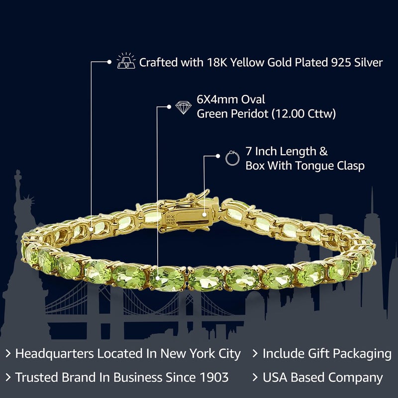 Gem Stone King Green Peridot Tennis Bracelet For Women | 925 Sterling Silver | 12.00 Cttw | Gemstone Birthstone | Oval 6X4MM | Length - 7 Inch | Fine Jewelry Gifts for Her Mom Women Wife - Image 2